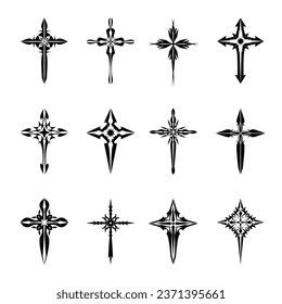 Christian cross vector icon symbols.  Abstract christian religious belief or faith art illustration for orthodox or catholic design. The symbol of the cross in various designs used in tattoo.	