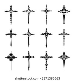 Christian cross vector icon symbols.  Abstract christian religious belief or faith art illustration for orthodox or catholic design. The symbol of the cross in various designs used in tattoo.	