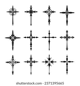 Christian cross vector icon symbols.  Abstract christian religious belief or faith art illustration for orthodox or catholic design. The symbol of the cross in various designs used in tattoo.	