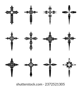 Christian cross vector icon symbols.  Abstract christian religious belief or faith art illustration for orthodox or catholic design. The symbol of the cross in various designs used in tattoo.