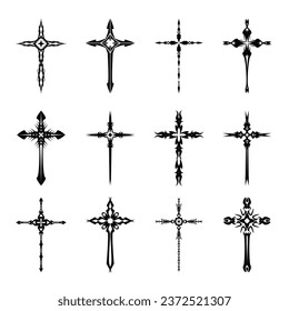 Christian cross vector icon symbols.  Abstract christian religious belief or faith art illustration for orthodox or catholic design. The symbol of the cross in various designs used in tattoo.