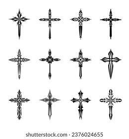 Christian cross vector icon symbols.  Abstract christian religious belief or faith art illustration for orthodox or catholic design. The symbol of the cross in various designs used in tattoo.