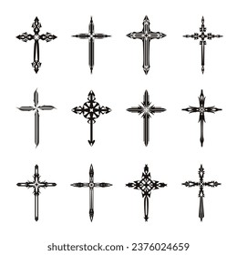 Christian cross vector icon symbols.  Abstract christian religious belief or faith art illustration for orthodox or catholic design. The symbol of the cross in various designs used in tattoo.