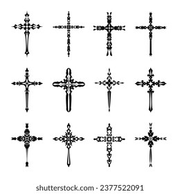 Christian cross vector icon symbols.  Abstract christian religious belief or faith art illustration for orthodox or catholic design. The symbol of the cross in various designs used in tattoo.	