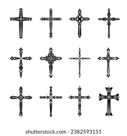 Christian cross vector icon symbols.  Abstract christian religious belief or faith art illustration for orthodox or catholic design. The symbol of the cross in various designs used in tattoo.