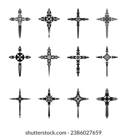 Christian cross vector icon symbols.  Abstract christian religious belief or faith art illustration for orthodox or catholic design. The symbol of the cross in various designs used in tattoo.