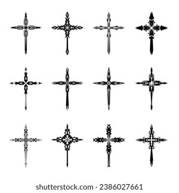 Christian cross vector icon symbols.  Abstract christian religious belief or faith art illustration for orthodox or catholic design. The symbol of the cross in various designs used in tattoo.