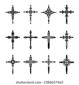 Christian cross vector icon symbols.  Abstract christian religious belief or faith art illustration for orthodox or catholic design. The symbol of the cross in various designs used in tattoo.