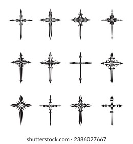 Christian cross vector icon symbols.  Abstract christian religious belief or faith art illustration for orthodox or catholic design. The symbol of the cross in various designs used in tattoo.