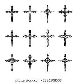 Christian cross vector icon symbols.  Abstract christian religious belief or faith art illustration for orthodox or catholic design. The symbol of the cross in various designs used in tattoo.	