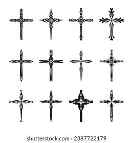 Christian cross vector icon symbols.  Abstract christian religious belief or faith art illustration for orthodox or catholic design. The symbol of the cross in various designs used in tattoo.	