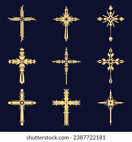 Christian cross vector icon symbols.  Abstract christian religious belief or faith art illustration for orthodox or catholic design. The symbol of the cross in various designs used in tattoo.	