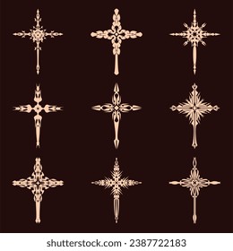 Christian cross vector icon symbols.  Abstract christian religious belief or faith art illustration for orthodox or catholic design. The symbol of the cross in various designs used in tattoo.	