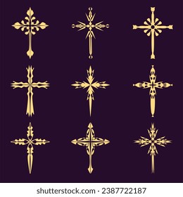 Christian cross vector icon symbols.  Abstract christian religious belief or faith art illustration for orthodox or catholic design. The symbol of the cross in various designs used in tattoo.	