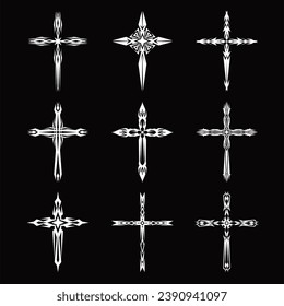 Christian cross vector icon symbols.  Abstract christian religious belief or faith art illustration for orthodox or catholic design. The symbol of the cross in various designs used in tattoo.