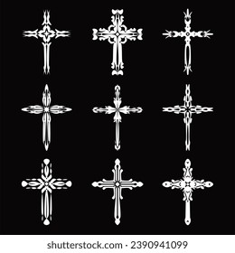 Christian cross vector icon symbols.  Abstract christian religious belief or faith art illustration for orthodox or catholic design. The symbol of the cross in various designs used in tattoo.