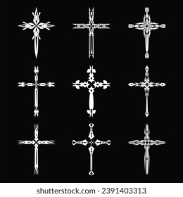 Christian cross vector icon symbols.  Abstract christian religious belief or faith art illustration for orthodox or catholic design. The symbol of the cross in various designs used in tattoo.	