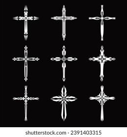 Christian cross vector icon symbols.  Abstract christian religious belief or faith art illustration for orthodox or catholic design. The symbol of the cross in various designs used in tattoo.	