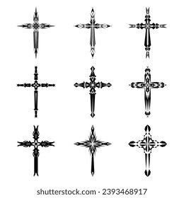 Christian cross vector icon symbols.  Abstract christian religious belief or faith art illustration for orthodox or catholic design. The symbol of the cross in various designs used in tattoo.	