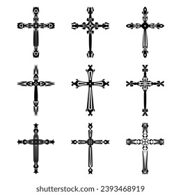 Christian cross vector icon symbols.  Abstract christian religious belief or faith art illustration for orthodox or catholic design. The symbol of the cross in various designs used in tattoo.	