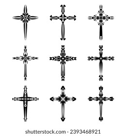 Christian cross vector icon symbols.  Abstract christian religious belief or faith art illustration for orthodox or catholic design. The symbol of the cross in various designs used in tattoo.	