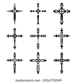 Christian cross vector icon symbols.  Abstract christian religious belief or faith art illustration for orthodox or catholic design. The symbol of the cross in various designs used in tattoo.