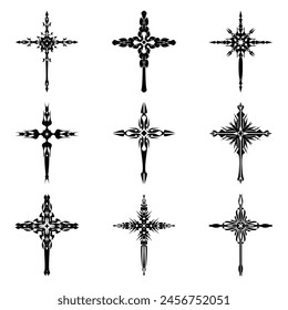 Christian cross vector icon symbols.  Abstract christian religious belief or faith art illustration for orthodox or catholic design. The symbol of the cross in various designs used in tattoo.