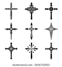 Christian cross vector icon symbols.  Abstract christian religious belief or faith art illustration for orthodox or catholic design. The symbol of the cross in various designs used in tattoo.