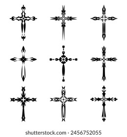 Christliche Kreuz-Vektorgrafik-Symbole.  Abstrakter christlicher Glaube oder Glaubenskunst Illustration für orthodoxe oder katholische Gestaltung. Das Symbol des Kreuzes in verschiedenen Designs verwendet in Tattoo.