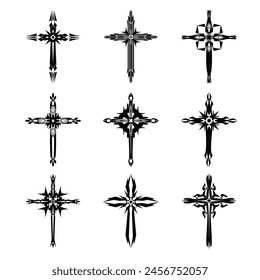 Christian cross vector icon symbols.  Abstract christian religious belief or faith art illustration for orthodox or catholic design. The symbol of the cross in various designs used in tattoo.