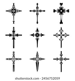 Christian cross vector icon symbols.  Abstract christian religious belief or faith art illustration for orthodox or catholic design. The symbol of the cross in various designs used in tattoo.