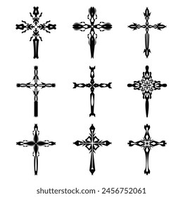 Christian cross vector icon symbols.  Abstract christian religious belief or faith art illustration for orthodox or catholic design. The symbol of the cross in various designs used in tattoo.