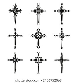 Christian cross vector icon symbols.  Abstract christian religious belief or faith art illustration for orthodox or catholic design. The symbol of the cross in various designs used in tattoo.