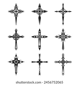 Christian cross vector icon symbols.  Abstract christian religious belief or faith art illustration for orthodox or catholic design. The symbol of the cross in various designs used in tattoo.