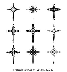 Christian cross vector icon symbols.  Abstract christian religious belief or faith art illustration for orthodox or catholic design. The symbol of the cross in various designs used in tattoo.