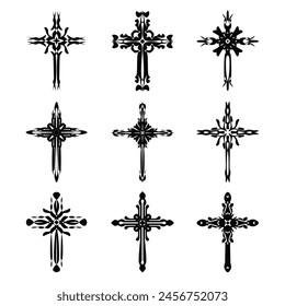 Christian cross vector icon symbols.  Abstract christian religious belief or faith art illustration for orthodox or catholic design. The symbol of the cross in various designs used in tattoo.