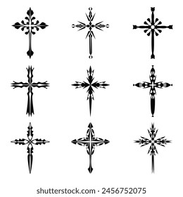 Christian cross vector icon symbols.  Abstract christian religious belief or faith art illustration for orthodox or catholic design. The symbol of the cross in various designs used in tattoo.