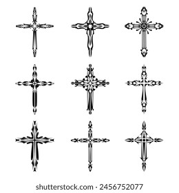 Christian cross vector icon symbols.  Abstract christian religious belief or faith art illustration for orthodox or catholic design. The symbol of the cross in various designs used in tattoo.