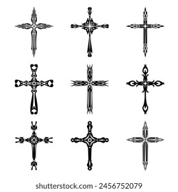 Christian cross vector icon symbols.  Abstract christian religious belief or faith art illustration for orthodox or catholic design. The symbol of the cross in various designs used in tattoo.