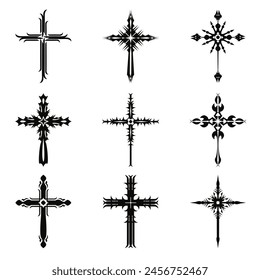 Christian cross vector icon symbols.  Abstract christian religious belief or faith art illustration for orthodox or catholic design. The symbol of the cross in various designs used in tattoo.