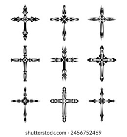 Christian cross vector icon symbols.  Abstract christian religious belief or faith art illustration for orthodox or catholic design. The symbol of the cross in various designs used in tattoo.