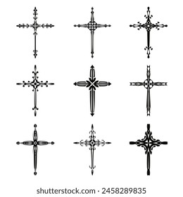 Christian cross vector icon symbols.  Abstract christian religious belief or faith art illustration for orthodox or catholic design. The symbol of the cross in various designs used in tattoo.	