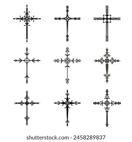 Christliche Kreuz-Vektorgrafik-Symbole.  Abstrakter christlicher Glaube oder Glaubenskunst Illustration für orthodoxe oder katholische Gestaltung. Das Symbol des Kreuzes in verschiedenen Designs verwendet in Tattoo.	