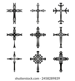 Christian cross vector icon symbols.  Abstract christian religious belief or faith art illustration for orthodox or catholic design. The symbol of the cross in various designs used in tattoo.	