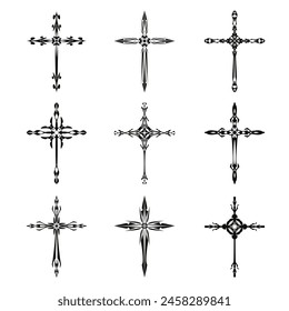 Christliche Kreuz-Vektorgrafik-Symbole.  Abstrakter christlicher Glaube oder Glaubenskunst Illustration für orthodoxe oder katholische Gestaltung. Das Symbol des Kreuzes in verschiedenen Designs verwendet in Tattoo.	