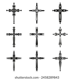 Christian cross vector icon symbols.  Abstract christian religious belief or faith art illustration for orthodox or catholic design. The symbol of the cross in various designs used in tattoo.	