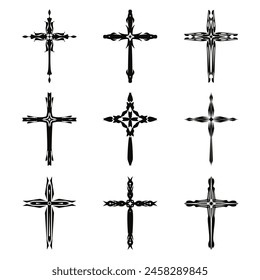 Christian cross vector icon symbols.  Abstract christian religious belief or faith art illustration for orthodox or catholic design. The symbol of the cross in various designs used in tattoo.	