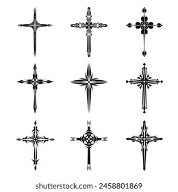 Christliche Kreuz-Vektorgrafik-Symbole.  Abstrakter christlicher Glaube oder Glaubenskunst Illustration für orthodoxe oder katholische Gestaltung. Das Symbol des Kreuzes in verschiedenen Designs verwendet in Tattoo.	