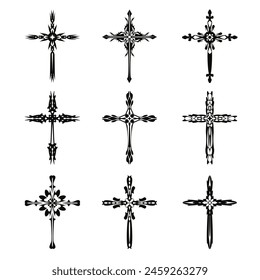 Christian cross vector icon symbols.  Abstract christian religious belief or faith art illustration for orthodox or catholic design. The symbol of the cross in various designs used in tattoo.	