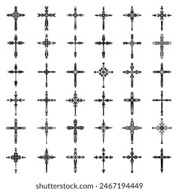 Christian cross vector icon symbols.  Abstract christian religious belief or faith art illustration for orthodox or catholic design. The symbol of the cross in various designs used in tattoo.	